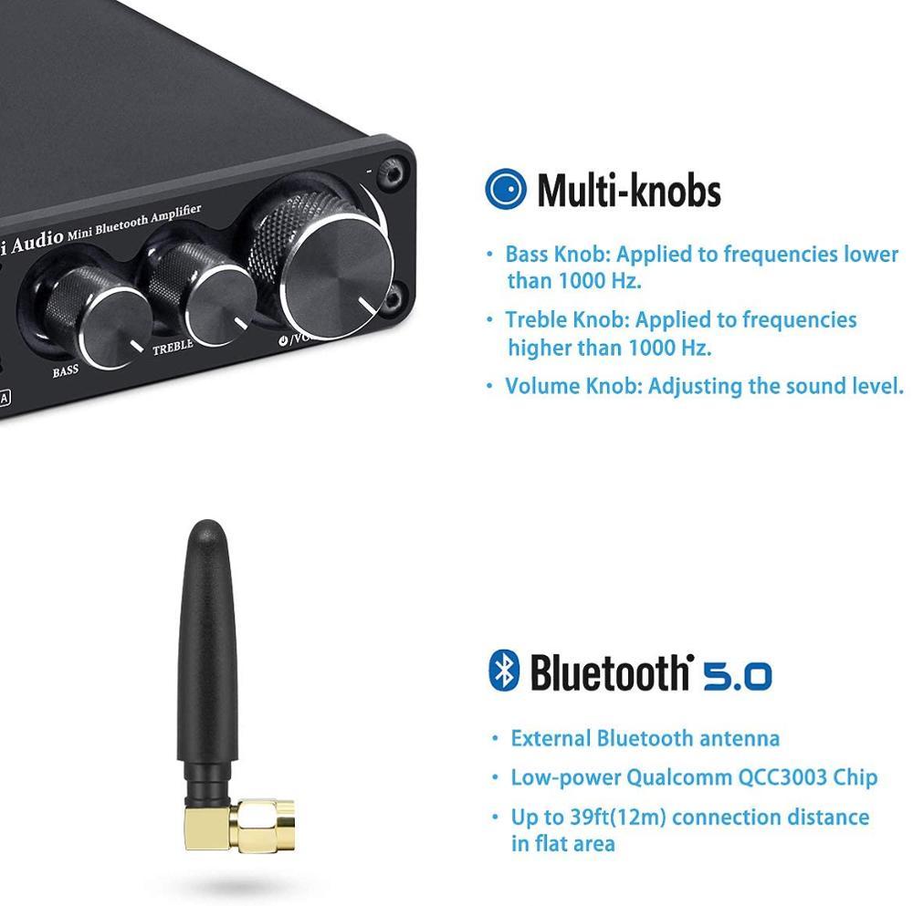 Bluetooth 2 Channel Sound Power Stereo Amplifier with treble and bass controls, compact design, and Bluetooth 5.0 connectivity.